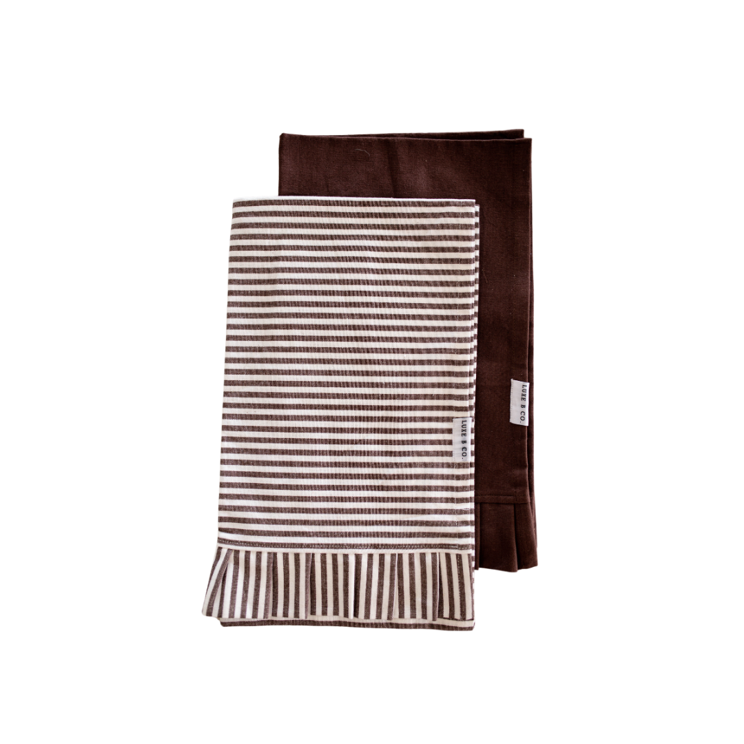 Brown & White Stripes Ruffle Kitchen Dish Towel - Luxe B Co