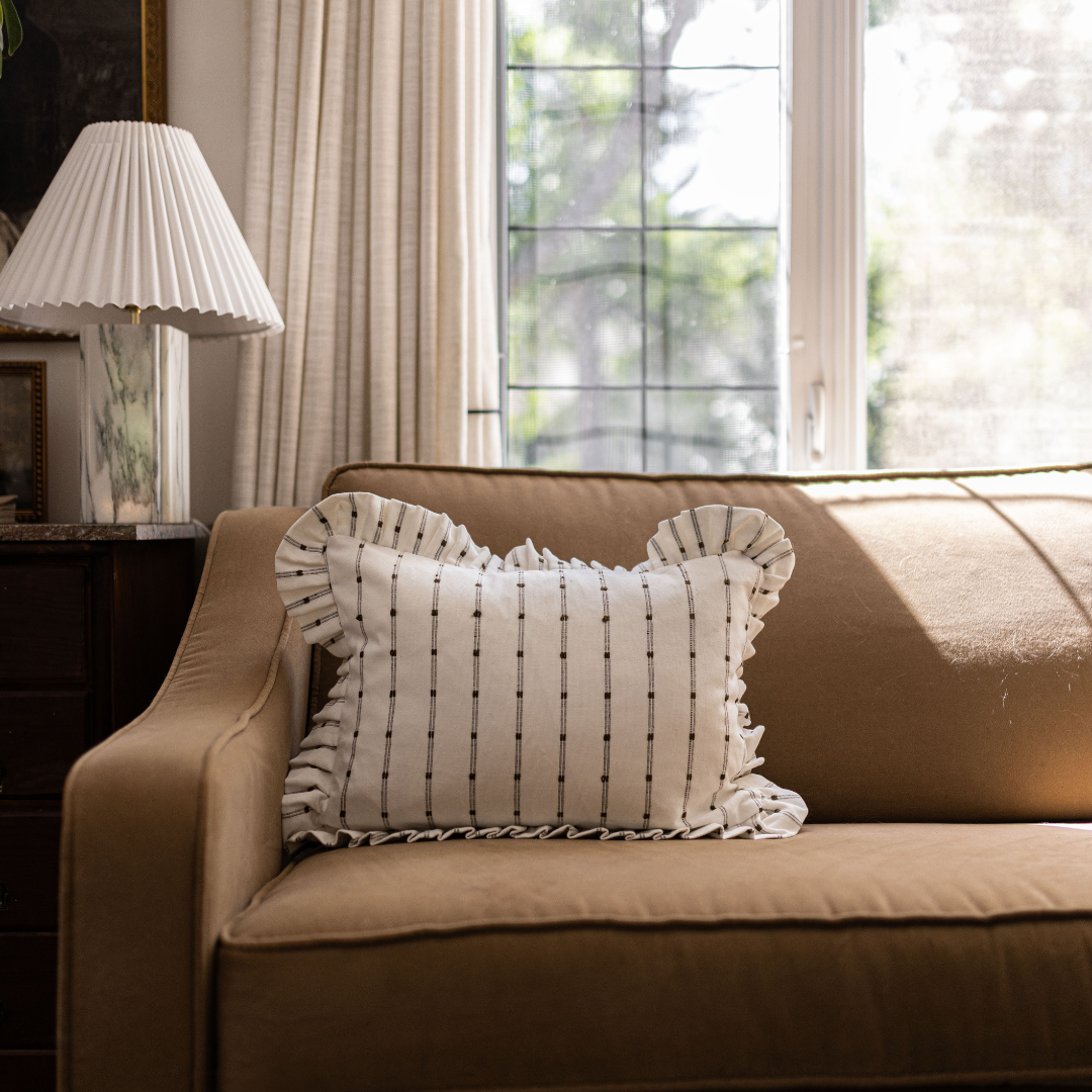 Ruffle Lumbar Pillow Cover White Embroidery Olive Green Stripes - Luxe B Co