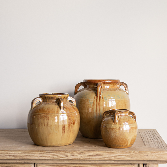 Luxe B Co Chevalier glazed terracotta vase with handles, featuring a smooth finish and elegant design.
