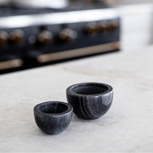 Grey marble dish with smooth, turned stone finish from Luxe B Co, showcasing a stylish and elegant marble dish design