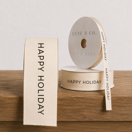 "Happy Holiday" White Woven Ribbon