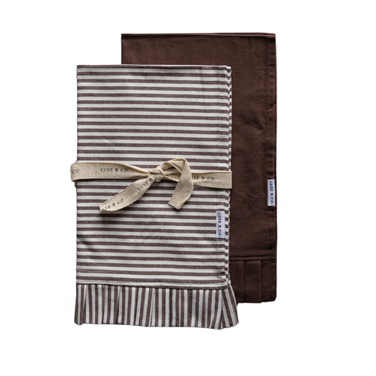 Brown & White Stripes Ruffle Kitchen Dish Towel | By Luxe B Co.