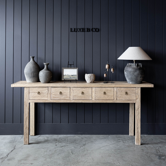 Caramel Five Drawer Elm Wood Console Table | By Luxe B Co.