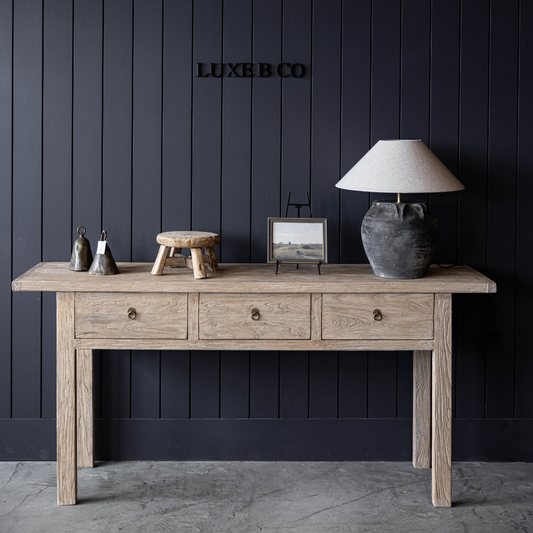 Caramel Three Drawer Elm Wood Console Table | By Luxe B Co.