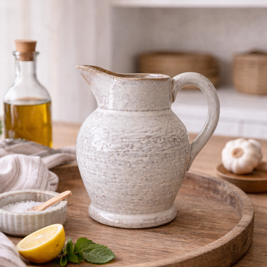 White ceramic pitcher on a wooden tray with lemon, mint, and garlic on a kitchen counter.