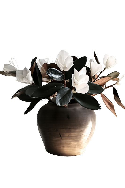 Luxe B Co Magnolia faux flowers with realistic green leaves, perfect for home decor or floral arrangements.