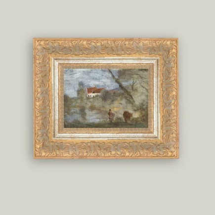Cowherd by the Pond Framed Antique Inspired Art | By Luxe B Co.