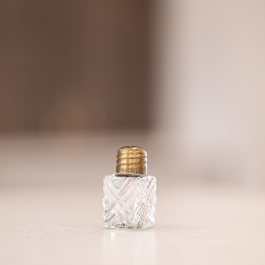 Engraved glass mini salt and pepper shakers by Luxe B Co, featuring elegant design and compact size for table use.