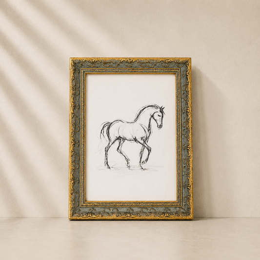 Equestrian Study | Antique Inspired Gold Leaf Crowned Framed Art By Luxe B Co.