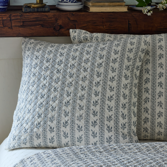 Indigo Floral Quilted Stripe Pillow Sham | By Luxe B Co.