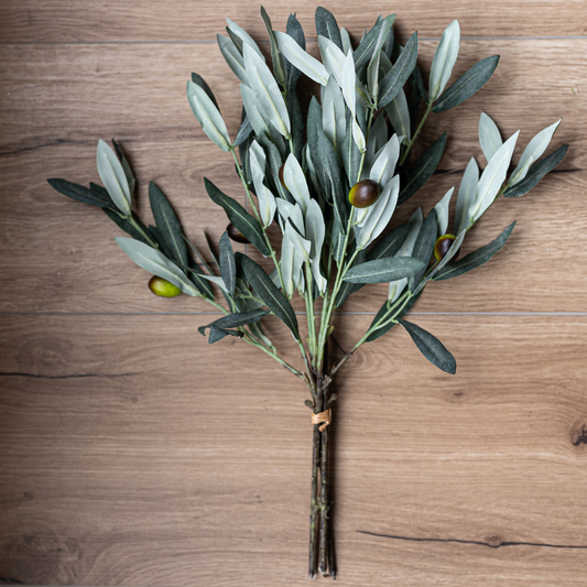 Green faux olive bunch by Luxe B Co, realistic Italian-style greenery with multiple olive sprigs on a natural stem.