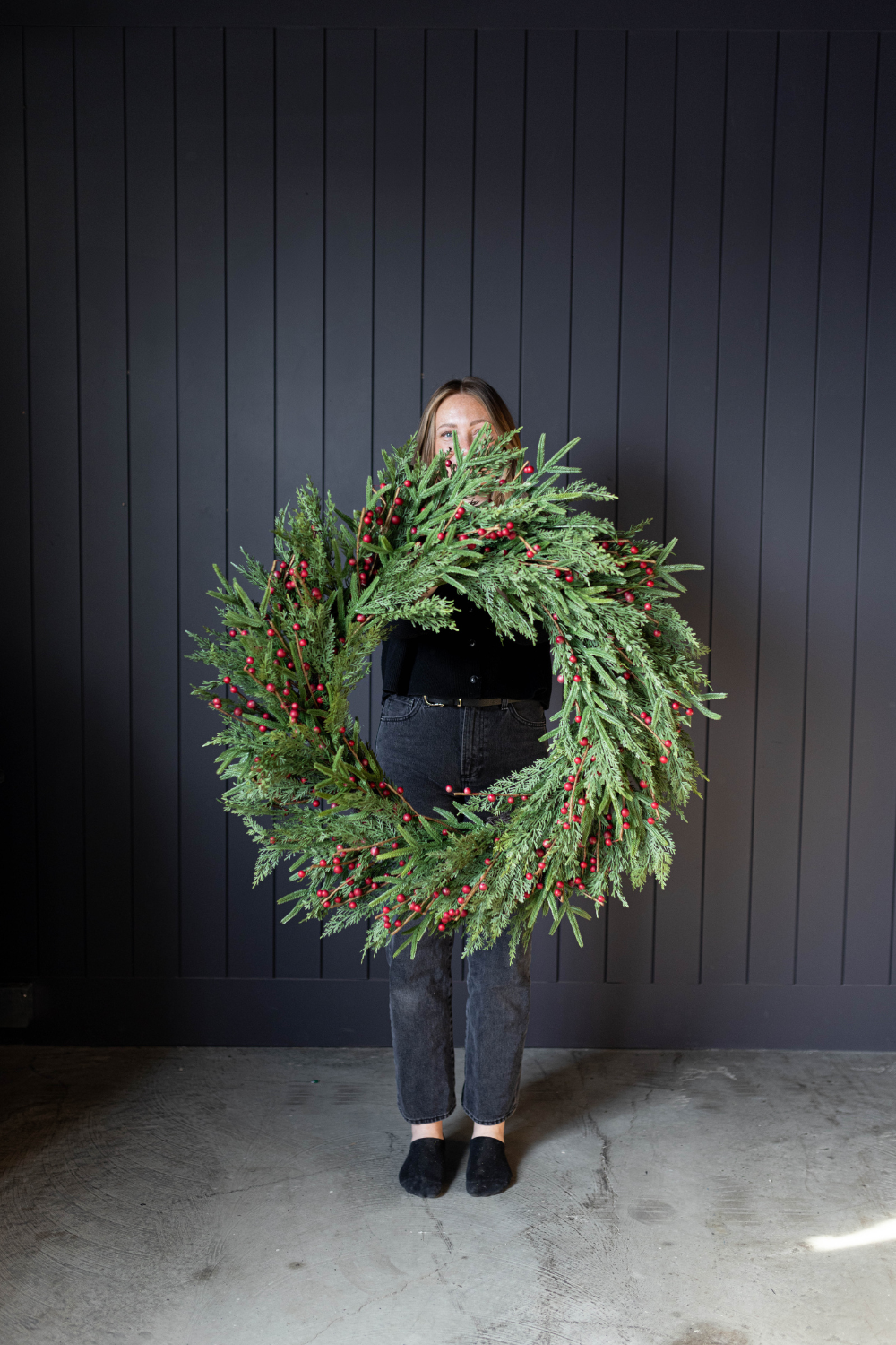 Red Plum Berry Norfolk Cypress Real Touch Wreath - 34" - Luxe B Co