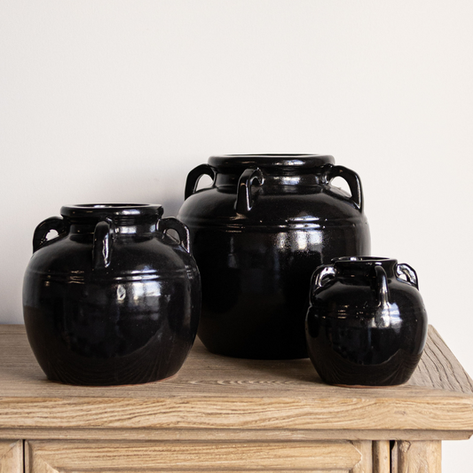 Luxe B Co Mercier glazed black terracotta vase with handles, decorative home accent on a neutral background.
