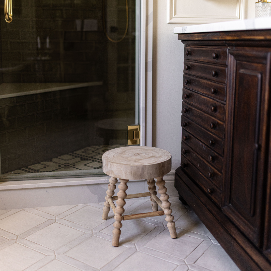 Natural Beaded Wooden Stool | By Luxe B Co.