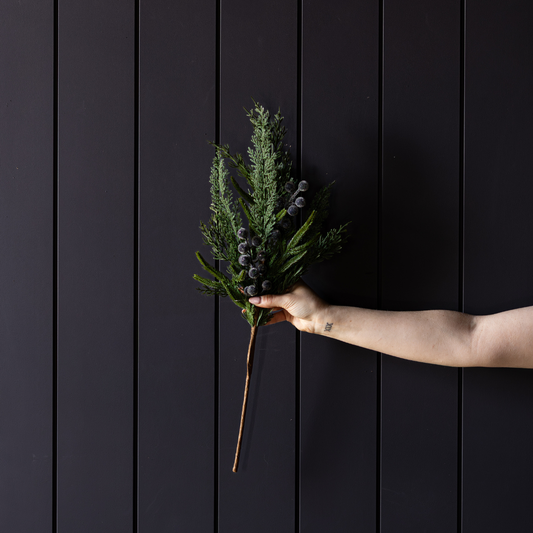 Navy plum frosted berry Norfolk cypress real touch stems by Luxe B Co, showing textured leaves and frosted berry accents.