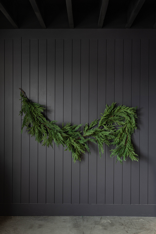 9-foot Norfolk & Cypress mixed real-touch Christmas garland by Luxe B Co, lush green foliage for holiday decorating.