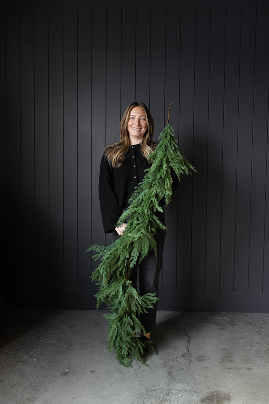 Six-foot Norfolk & Cypress mixed real touch Christmas garland by Luxe B Co featuring lush green foliage and realistic pine and cypress branches.