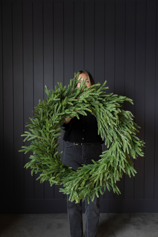 Real touch Norfolk wreath by Luxe B Co, 34-inch full greenery wreath with lush leaves and realistic floral accents.