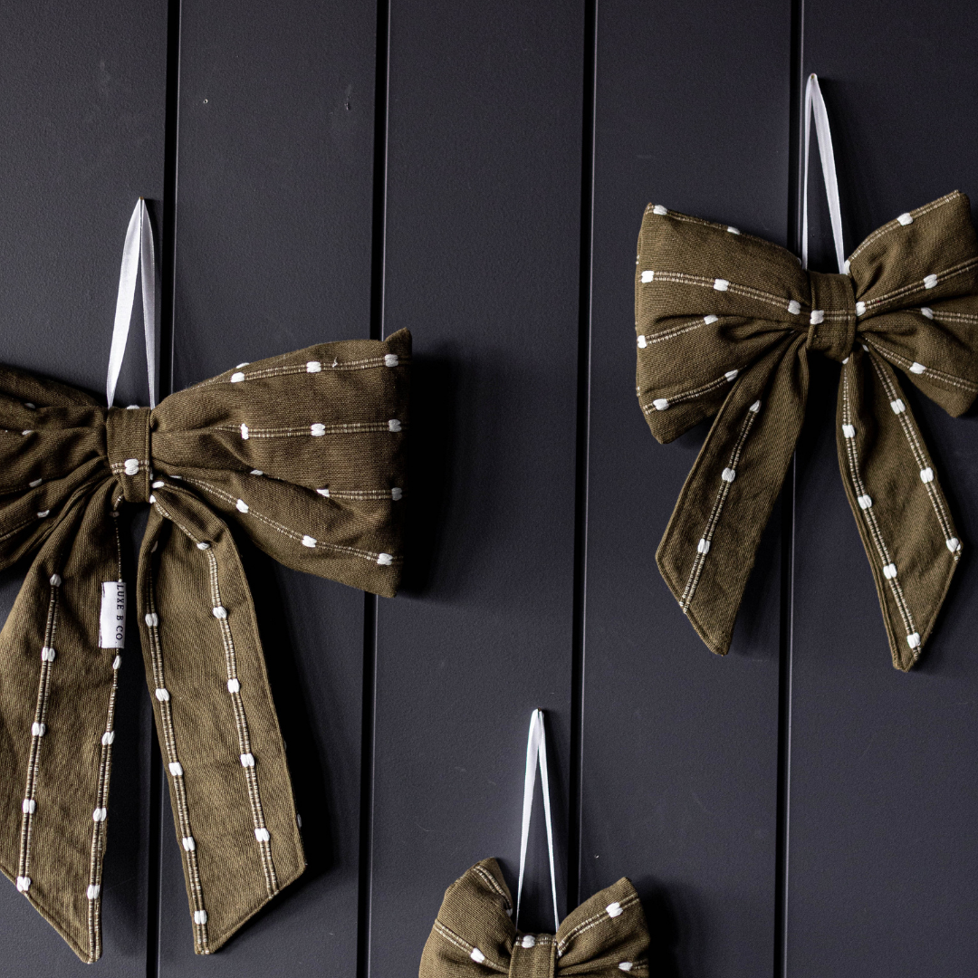 Olive Green & White Dotted Strip Bows - Luxe B Co
