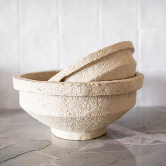 Handcrafted Luxe B Co paper mache bowls with intricate designs, perfect for decorative or functional use.