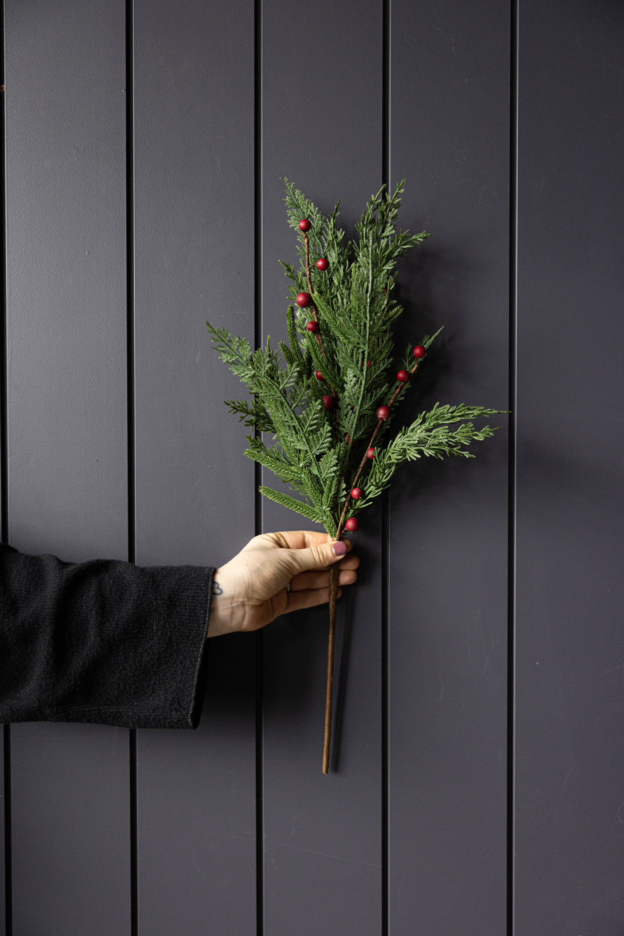 Red Plum Berry Norfolk Cypress Touch Green Faux Stem | By Luxe B Co.