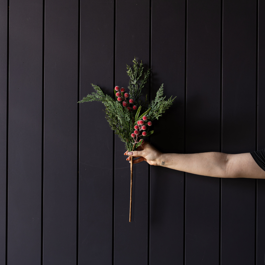 Red plum frosted berry and Norfolk cypress real touch stems from Luxe B Co, showcasing vibrant berries and lush greenery.