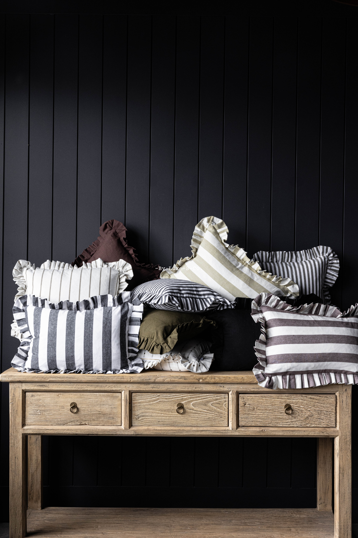 Ruffle Lumbar Pillow Cover Brown Bold Stripe - Luxe B Co