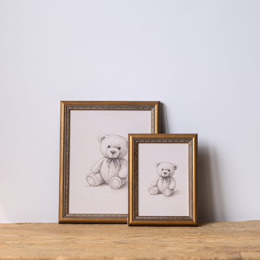 Teddy Bear Sketch | Antique Inspired Brass Mould Framed Art By Luxe B Co.