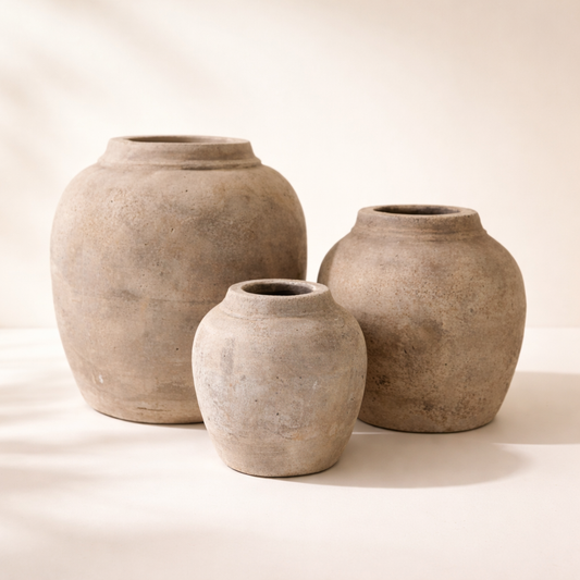 Three terracotta pots of varying sizes on a light beige background