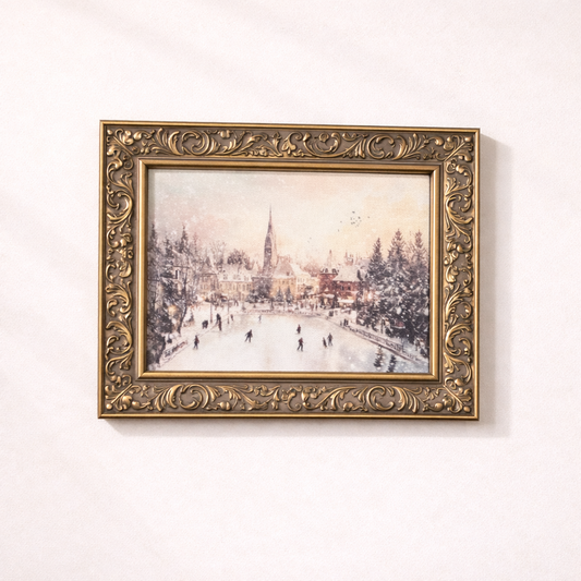 Antique-inspired brass framed art of traditional European skating by Luxe B Co, showcasing vintage skating scene in heirloom style.