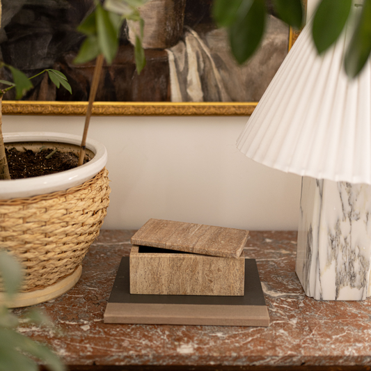 Luxe B Co travertine lidded box with smooth surface and rounded edges, perfect for storage or decorative display.