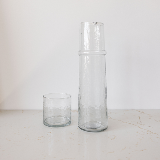 Luxe B Co Stripe Glass Carafe and Tumbler set featuring clear glass with elegant striped design, ideal for kitchen and home decor.