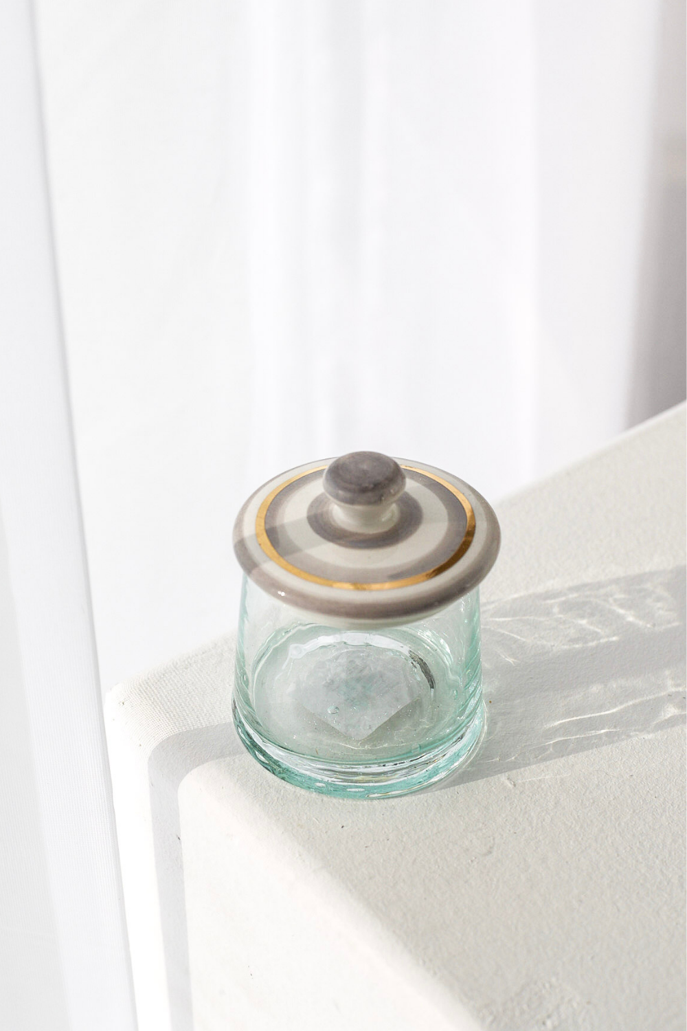 MARRAKECH ROUND GLASS BOX WITH CERAMIC LID STRIPED GREY - Luxe B Co