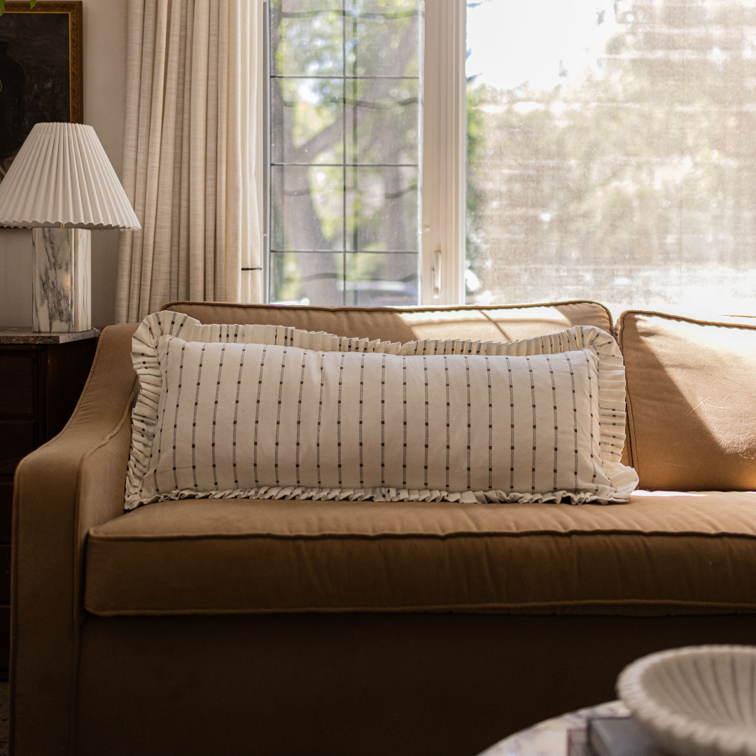 Ruffle Bolster Pillow Cover White Olive Green Stripes - Luxe B Co