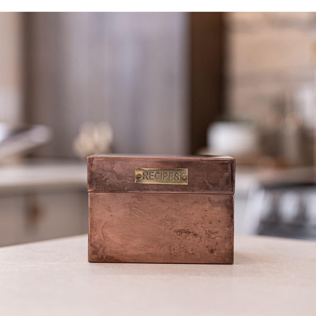 Copper recipe box by Luxe B Co. for home decor, featuring a sleek copper finish and secure lid for storing recipes.