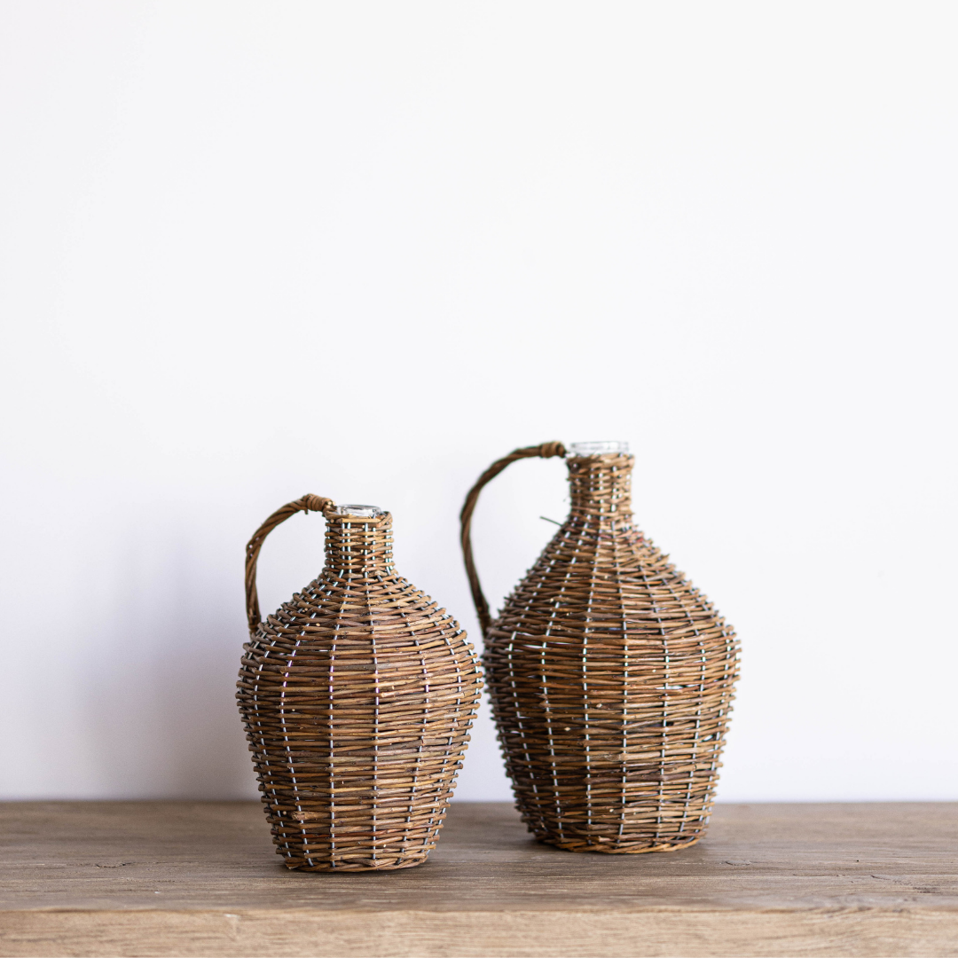 Decorative Willow Wrapped Wine Bottle Jug by Porch View Home, featuring a woven willow design suitable for home decor.