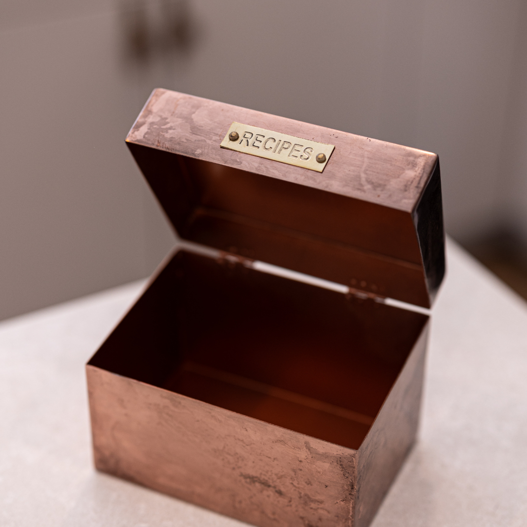 Copper recipe box by Luxe B Co. for home decor, featuring a sleek copper finish and decorative design for organized kitchen storage.