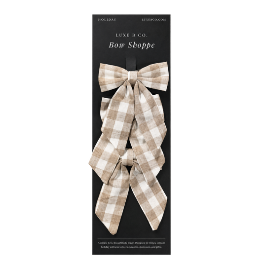 Set of beige gingham mini fabric bows with clips from Luxe B Co, perfect for hair accessories or decorative use.