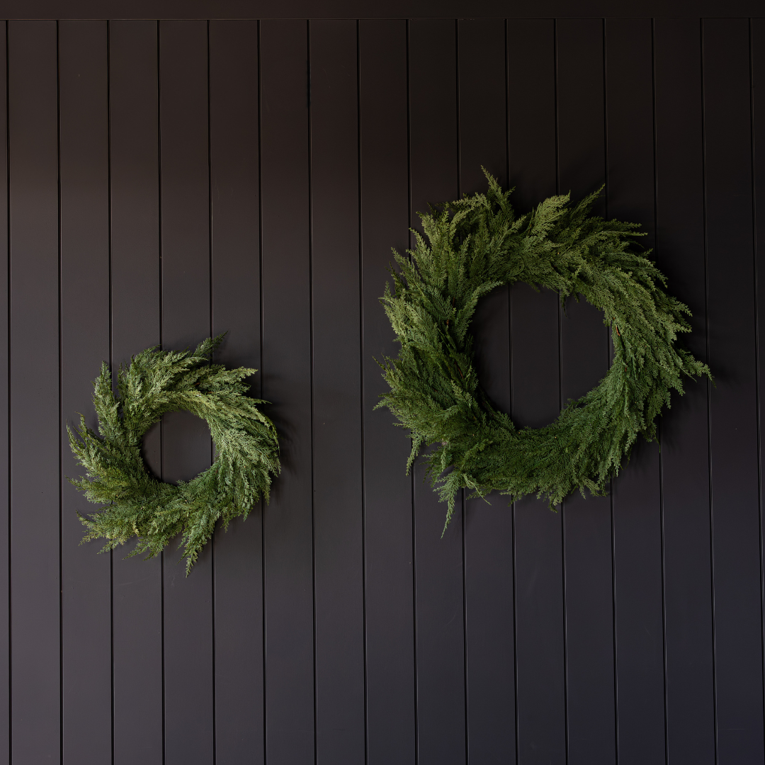 Lux B Co Cypress Leaf Full Real Touch Wreath, 34-inch decorative wreath with realistic green foliage for home decor.
