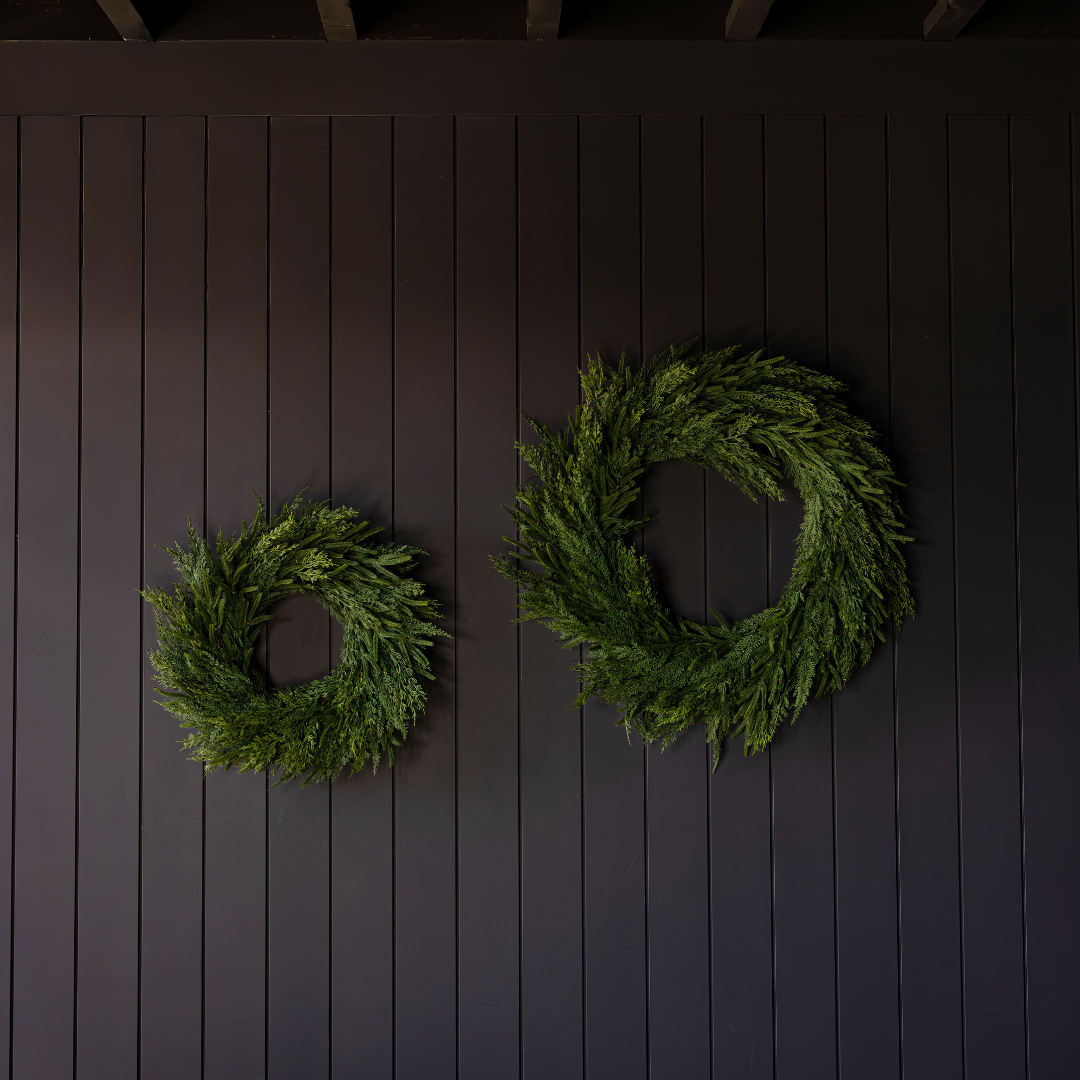 Luxe B Co Norfolk & Cypress Mixed Real Touch Wreath, 24-inch, with lush greenery and realistic textured foliage.