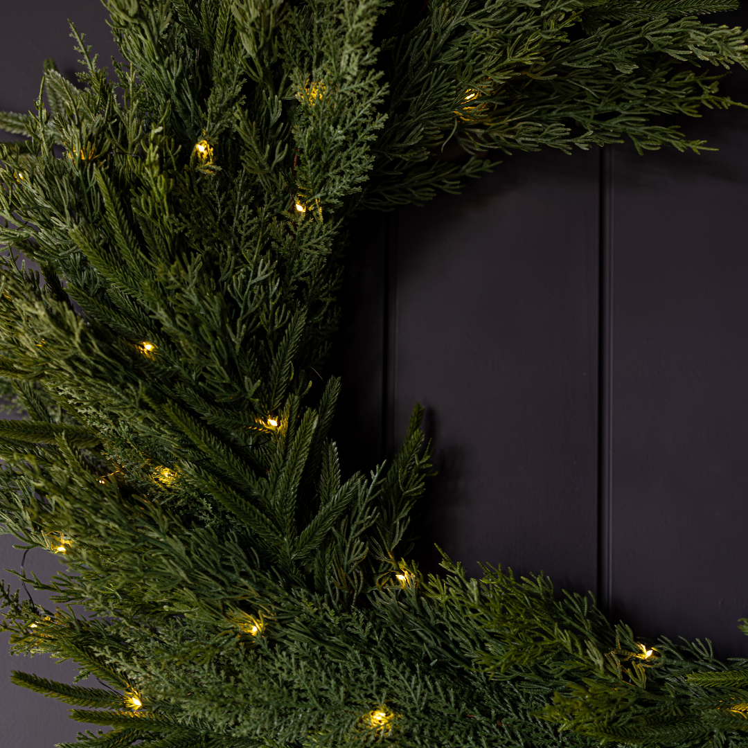 Luxe B Co Norfolk & Cypress Mixed Real Touch Wreath, 24-inch, with lush greenery and realistic foliage for home decor.