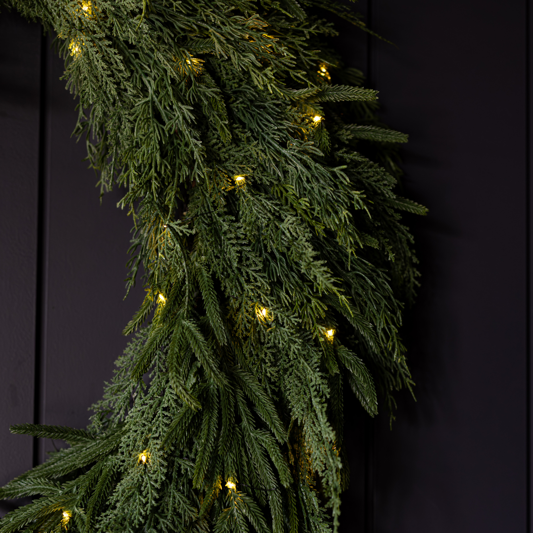 Luxe B Co Norfolk & Cypress Mixed Real Touch Wreath, 34-inch, with lush greenery and realistic foliage on a white background.
