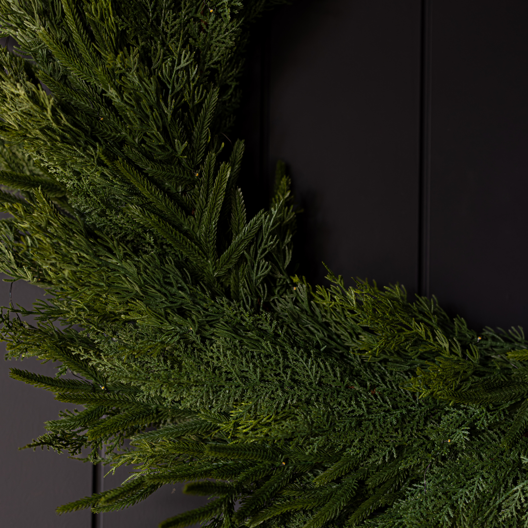 Luxe B Co Norfolk & Cypress Mixed Real Touch Wreath, 34-inch, featuring lush greenery and realistic foliage for natural decor.