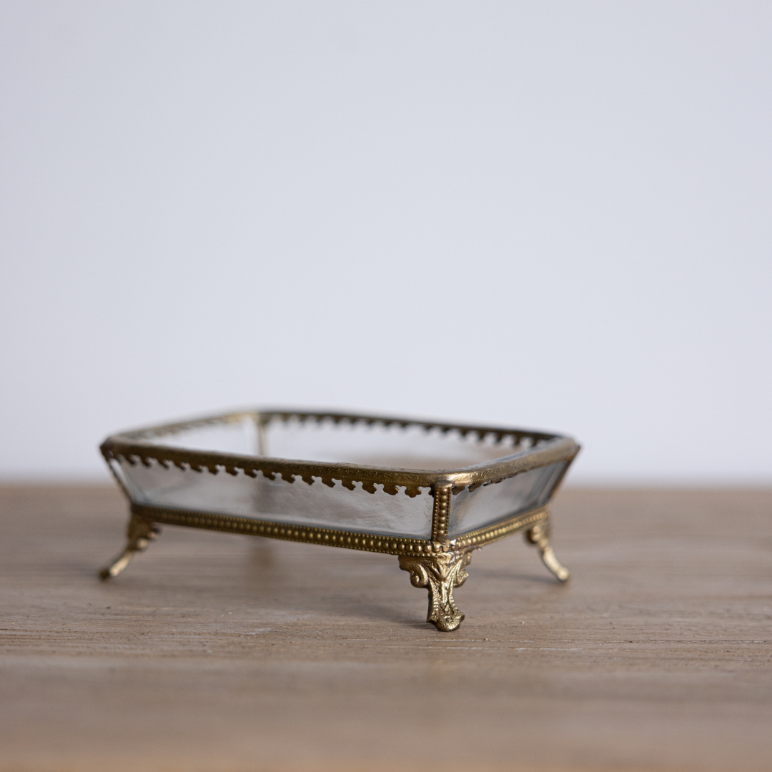 Antique-inspired metal footed soap dish by Luxe B Co, featuring ornate design and sturdy metal construction.