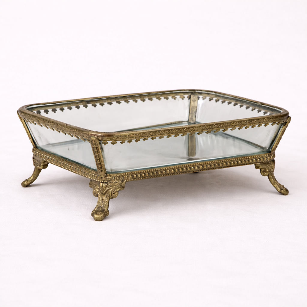 Antique-inspired metal soap dish with footed design by Luxe B Co, showcasing a vintage-style decorative soap holder.