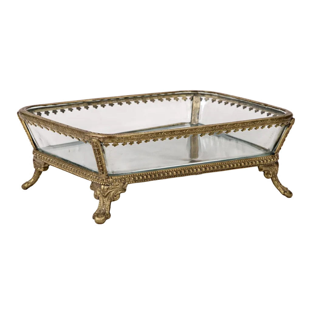 Antique-inspired metal footed soap dish by Luxe B Co with ornate design and vintage finish, perfect for bathroom decor.