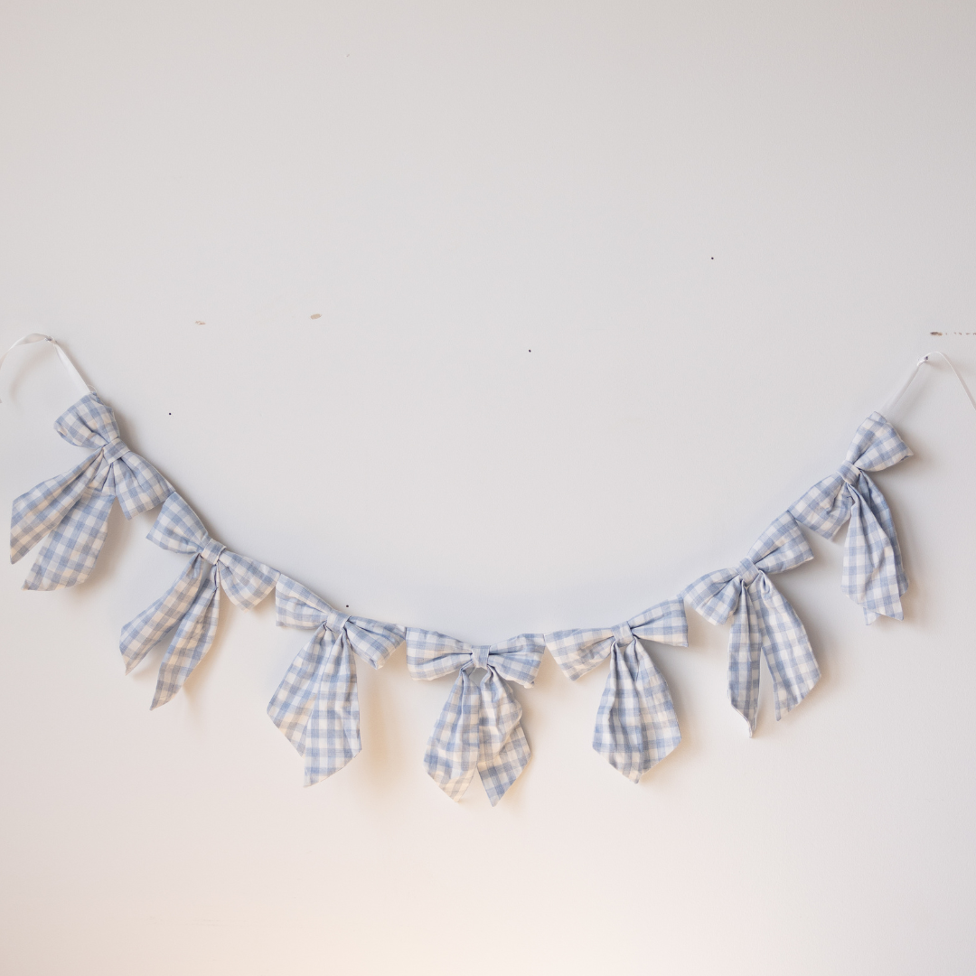 Baby Blue Gingham Fabric Bows Garland | By Luxe B Co.