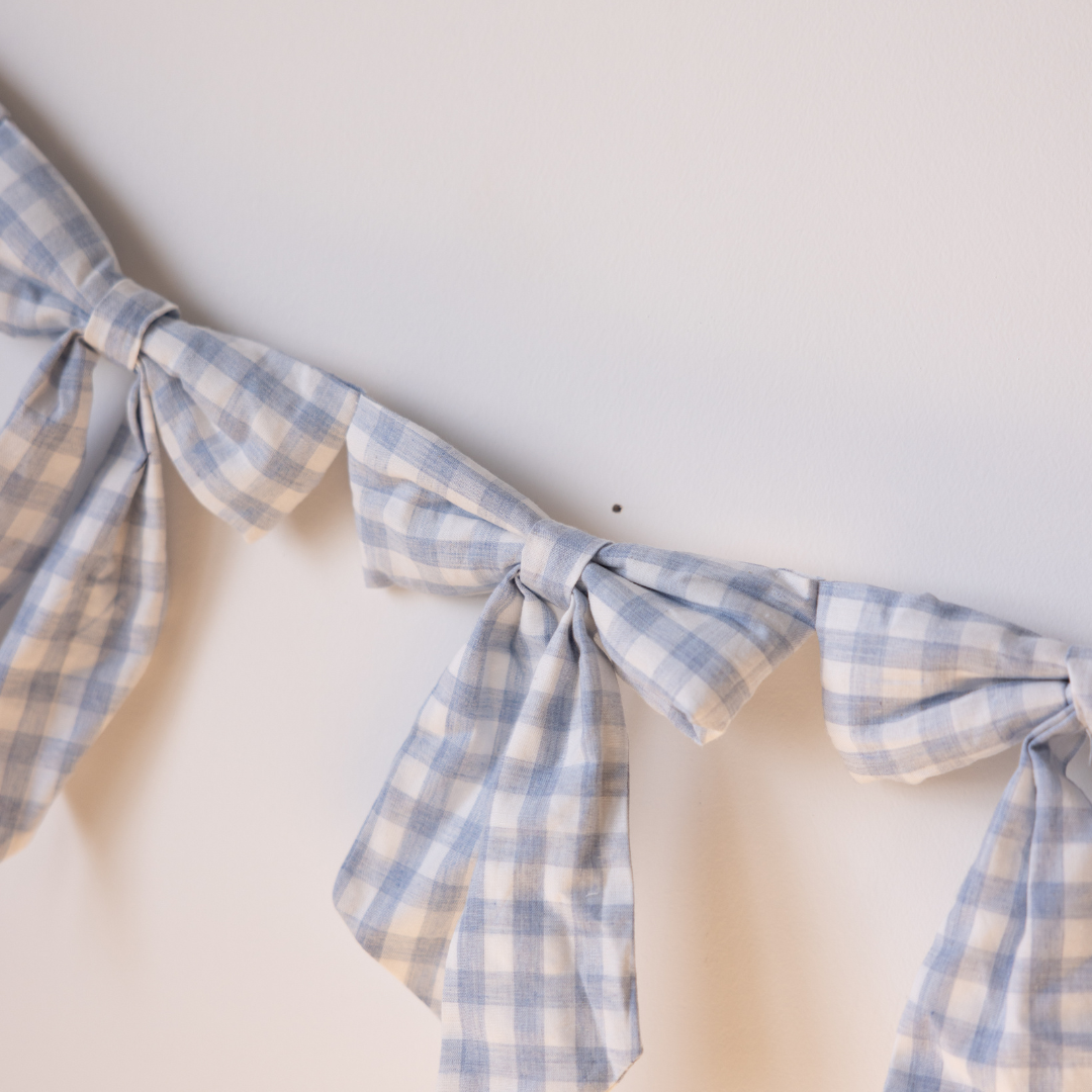 Baby Blue Gingham Fabric Bows Garland | By Luxe B Co.