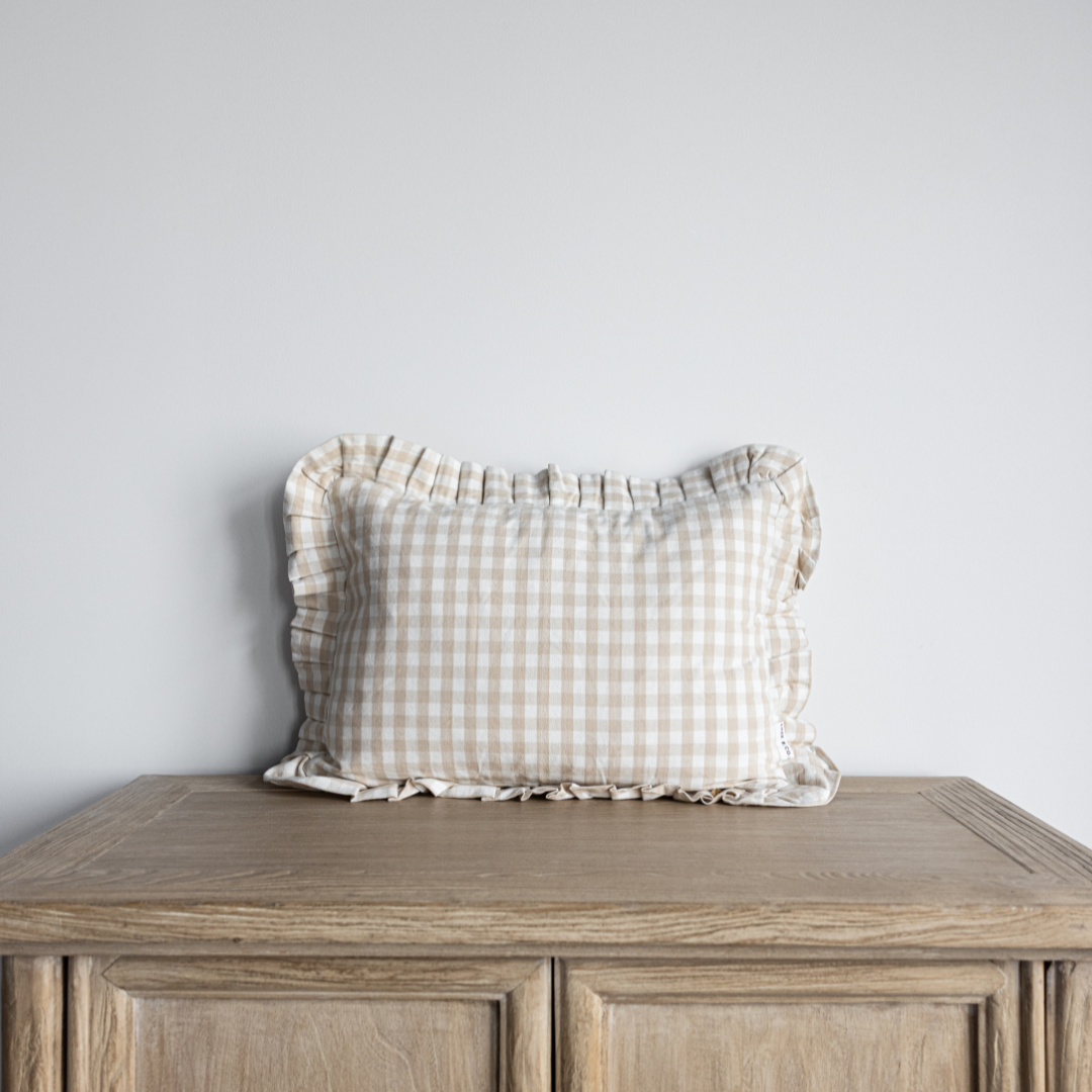 Ruffle Lumbar Pillow Sham Beige Gingham Cover | By Luxe B Co.