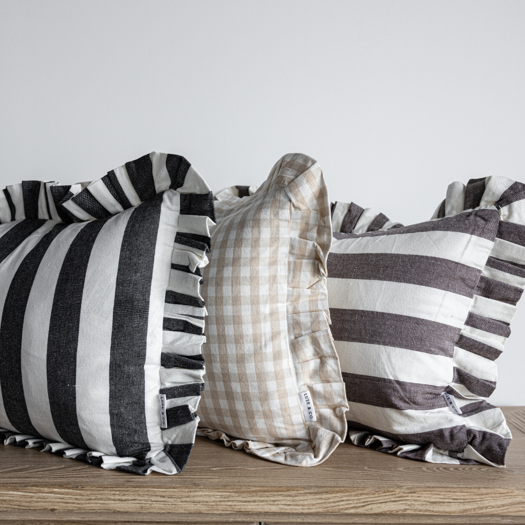 Ruffle Lumbar Pillow Sham Beige Gingham Cover | By Luxe B Co.